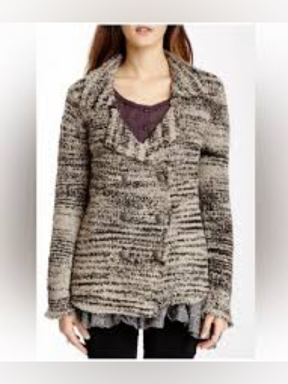 Free People Bouclé Zebra Yarn Double-Breasted Knit Sweater Peacoat Cardigan